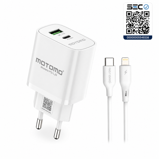 Cargador Rápido 20W con Cable Lightning Certificación SEC Motomo PD-L20