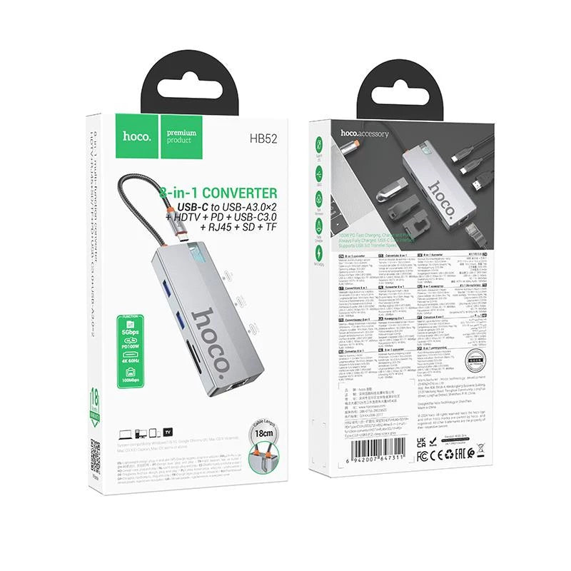Hub Hoco HB51 tipo C 8 en 1 con RJ45