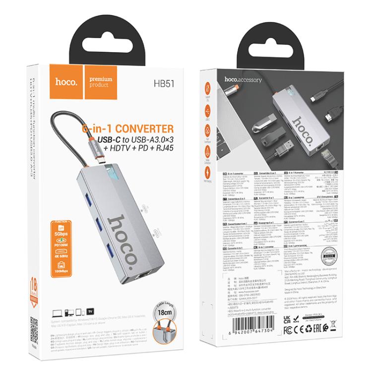Hub Hoco HB51 Tipo C 6 en 1 con RJ45