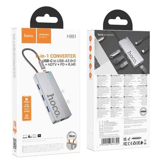 Hub Hoco HB51 Tipo C 6 en 1 con RJ45