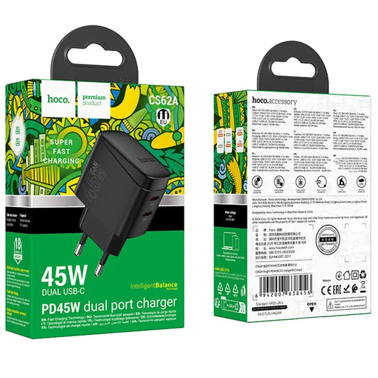 Cargador Rápido Dual USB-C HOCO CS62A | 45W Total