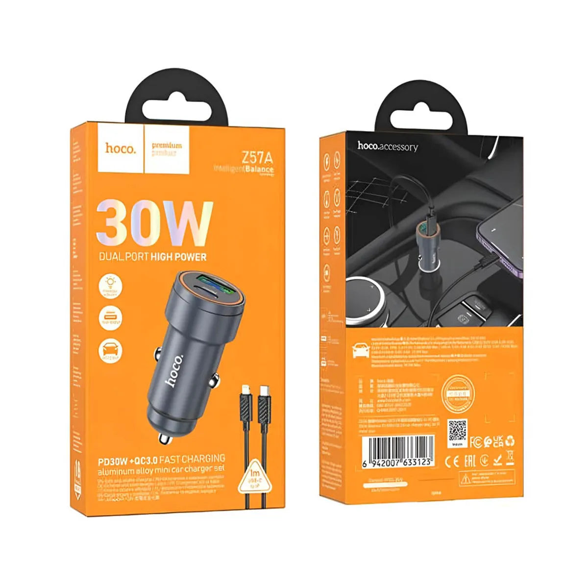 Cargador para automovil 30W con cable tipo c a lightning HOCO Z57A